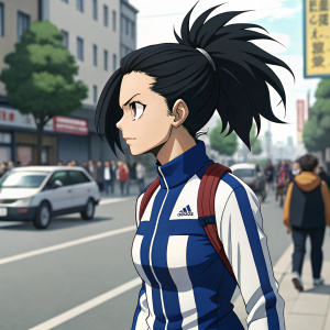 Momo Yaoyorozu from Boku no Hero Academia. Sporty outfit with blue and white stripes, determined expression. Messy dark hair. The background is a bustling street scene.