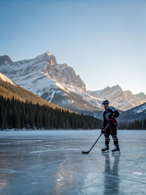 Hockey player stands on ice on mountain lake, photo