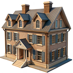 3D Render of a Colonial-style Townhouse, on isolated white background.