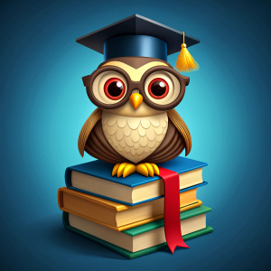 cartoon owl with glasses, with a medal around his neck, in a black square academic cap, stands on a stack of books, blue background