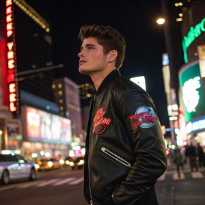 Gregg Sulkin, wearing a black leather jacket with Planet Hollywood logo, stands in a bustling street. Neon signs and vibrant city lights illuminate the scene.