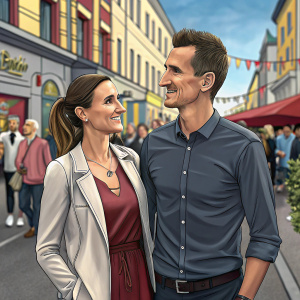 Miroslav Klose and Sylwia Klose, standing on a bustling street during a charity event. Miroslav in a casual button-up shirt.