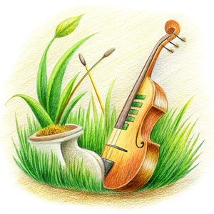 icon style, realystic, grass below and above, old etnical musical instrument