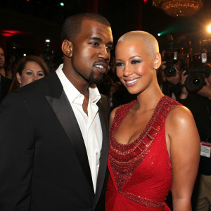 Kanye West and Amber Rose, dressed to impress at the annual Grammy Awards after party. He in a black suit and crisp white shirt, she in a sparkling red dress with intricate beading. They pose for photographers amidst a crowd of celebrities and fans.