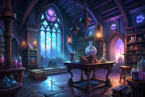 dark academy room, opened magic book on the table, steampunk anime style