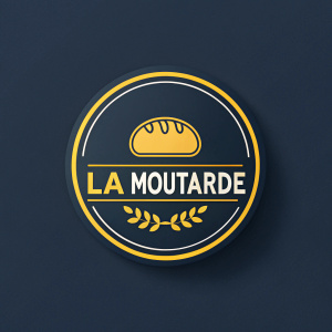 La Moutarde, modern logo design. Bold circular shape, dark background, bread-like icon atop. 'LA MOUTARDE' in large, stylish font below. Dark and yellow color scheme, graphic and contemporary.