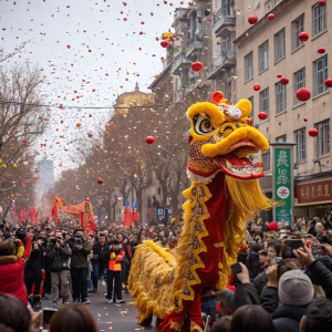A vibrant Chinese New Year celebration. Giant dragon puppet leading the parade. Crowds of people, colorful confetti flying everywhere.