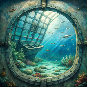 sunken ship window under the sea  drawing  