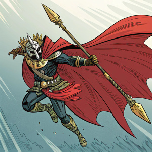 An Inka Warrior from Spawn, in a vivid comic panel. Mid-flight, wielding a golden spear. Wears a battle-ready costume with metallic accents. Large, crimson cape billowing behind him. Vibrant color palette and bold lines highlight the dynamic action scene.