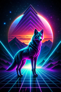 A minimalis design with a vintage touch, double exposure featuring a cool, and stylish anime wolf silhouette in faded, awesome and bright colors.  show the design on dark black background