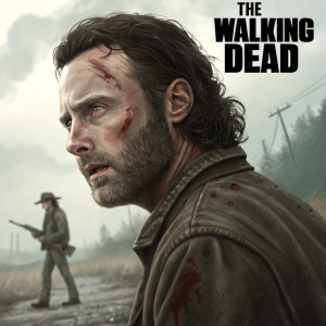 Digital artwork of Rick Grimes, The Walking Dead protagonist. Wounded face, grimy background. Gun-toting figure with a cowboy hat in the distance, 'WALKING DEAD' logo prominently displayed.