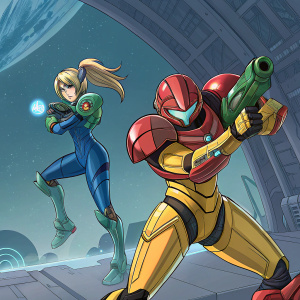Promotional artwork for Metroid Prime 2: Echoes. Featuring dynamic poses of main characters. Vibrant colors. Official manga. Anime-inspired style. Depicts the origins of Samus Aran.