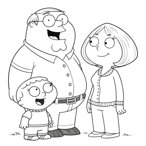 Line art illustration of Peter Griffin, Lois Griffin, and Stewie Griffin from Family Guy. Simple black and white sketch.