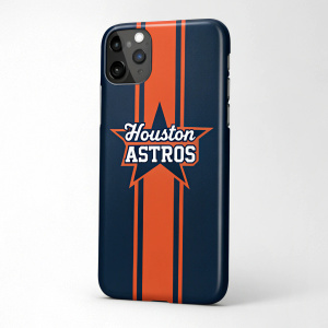 Custom Houston Astros iPhone case. Navy blue with orange stripes. Team logo prominently displayed. Bold and stylish design.