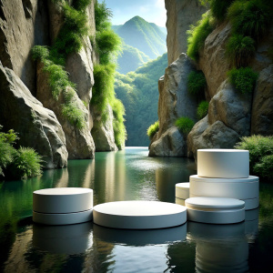 empty stage single level for product display for beauty product display set in nature WATER AND rocks