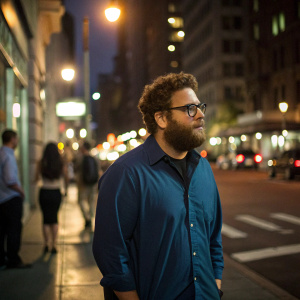 Jonah Hill, actor with a beard, wearing glasses and a blue shirt. Stands alone on a bustling city street at night.