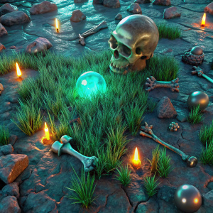 ground with mud, grass and bones and something shiny among the grass