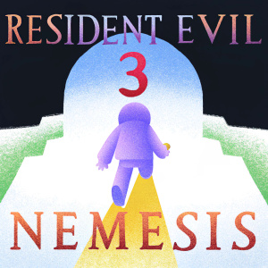 Resident Evil 3 Nemesis promotional poster. Dark background with ominous red text. Intense, action-packed aesthetic.
