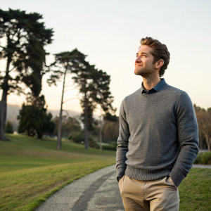 Matthew Morrison, wearing a grey sweater and khakis, standing outdoors in a park. A scenic background with trees and a pathway
