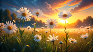 The landscape of white daisy blooms in a field, with the focus on the setting sun. The grassy meadow is blurred, creating a warm golden hour effect during sunset and sunrise time.