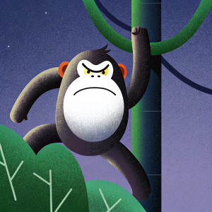 A grumpy, cartoon-style monkey with a large, expressive face and angry look. It's drawn in a dynamic pose with thick, bold lines and rough textures. The fur is light brown with warm, brown hues. The monkey's nose is prominent and exaggerated.