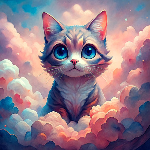 cute big eye cat on fluffy cloud pink background