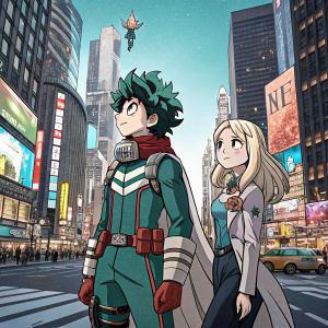 Line art of Midoriya and Eri from My Hero Academia, standing in front of a bustling cityscape.