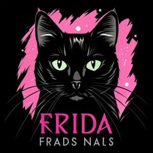 Un logo de salón de uñas con el nombre Frida Nails y el dibujo de un gato negro 