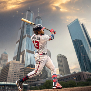 Professional baseball player Ronald Acuña Jr., dynamic batting stance. Skyscrapers in background, player's name and jersey number visible