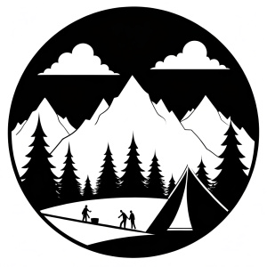 summer camp silhoutte drawing, clean simple lines, black and white