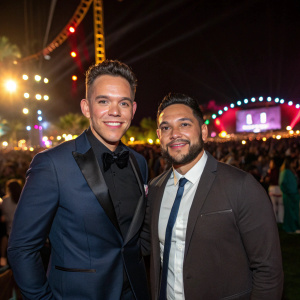 Kevin Alejandro and Leslie de Jesus Alejandro, dressed in formal attire, pose at a bustling outdoor festival. Bright lights and excited crowd in the background.