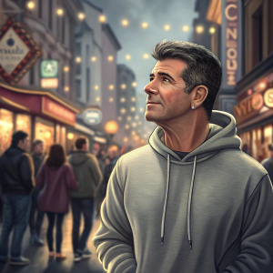 Simon Cowell, in a casual grey hoodie, standing in a bustling street scene. Bright lights and passersby in the background.