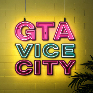 GTA Vice City game logo on neon-lit yellow background, with a vibrant and dynamic gaming aesthetic.