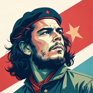 Digital portrait of Che Guevara with modern flat design style. Vibrant colors, close-up on face and iconic cap.