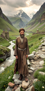 a man with a beard and a headdress, dressed in traditional Chechen clothes. He is dressed in a brown robe and a white scarf and stands on a rocky path with the Caucasus Mountains in the background. ancient leather shoes, fighting stone towers are visible in the distance. rock, stones, grass, flowers, mountain towers behind. Alpine mountains, river, river