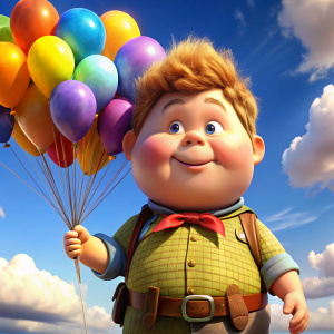 Personaje Russell niño gordito de una pelicula de dibujo animado con globos y que diga de fondo UP PSICOLOGIA