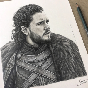 Realistic black and white pencil drawing of Jon Snow. Depicting him from Game of Thrones. Rendered on white paper with artist's signature