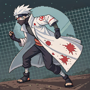 Pixel art rendering of Kakashi, dynamic stance. Wears a white coat, visibly stained with blood. Limited color scheme of white, black, and red. Background: digital art grid
