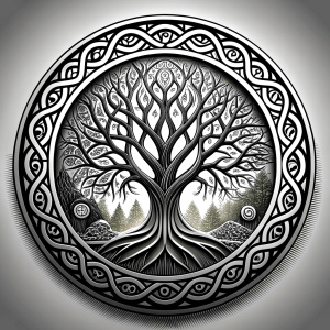 Nordic yggdrasil –  high-definition design grey and black, realistic tattoo design, white background