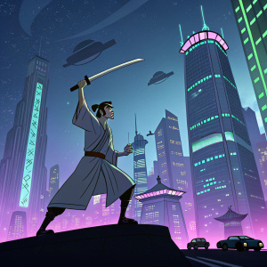 Samurai Jack, in dynamic pose, against a futuristic cityscape background. Full color artwork