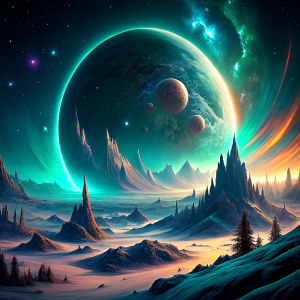 raw photo, northern lights and planets in space , (((it's snowing))),shining canyons ,space, 
blizzard, starry night, (((bright stars))), ((planets)),magical forest,visible in the sky, "nebula, 
galaxy"Many planets,fantastic snowy world,, focus, ultra-high quality, ultra-detailed focus, 
close-up, high detail, 8k, photorealistic, rule of thirds, depth of field, complex details, 
concept art, bright colors, futuristic design, attention to detail, grandeur and awe, stunning 
visual masterpiece, fa
