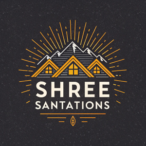 Shree Santations logo, featuring bold geometric shapes and clean text. Light rays create a dynamic effect against a dark, textured background.
