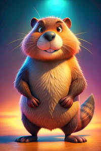 A hardworking beaver in cartoon pixar style. The background should be a pattern of up to 2 colours or a colour gradient. Its face should be hardworking. Pixar cartoon style. full body