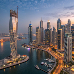 Stunning aerial view of Dubai Marina skyline at dusk. Brightly lit skyscrapers and bustling waterfront area