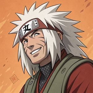 Digital illustration of Jiraiya from Naruto Shippuden. Anime-inspired style with bold lines, orange background, limited color palette, warm smile