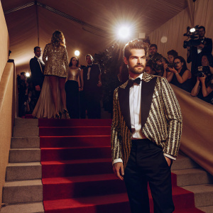 Andrew Garfield attending the Met Gala in a dazzling tuxedo. The venue is packed with celebrities, flashing lights, and cameras.