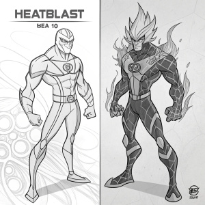 A black and white sketch illustrating various designs of Ben 10's Heatblast. The illustration is divided into two sections showcasing different body proportions and styles. The sketch is rendered in a loose, detailed manner.