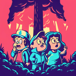 Title card for Gravity Falls episode. Dipper Pines, Mabel Pines, and Stan Pines standing in front of a dense forest. Characters in animated style, varying poses and facial expressions.