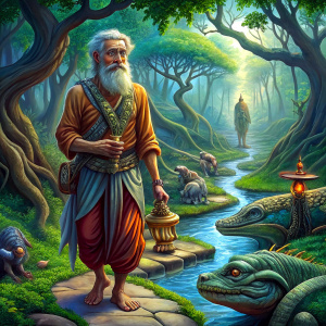 I drank the cup of wisdom
He walked barefoot over the coals; he followed me
A crocodile was chasing
A blind monk and a puny yogi
I was given a music lesson, with me
The gray-haired fakir is familiar

