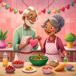 create a cute illustration of 70yo indian couple talking while cooking in the kitchen